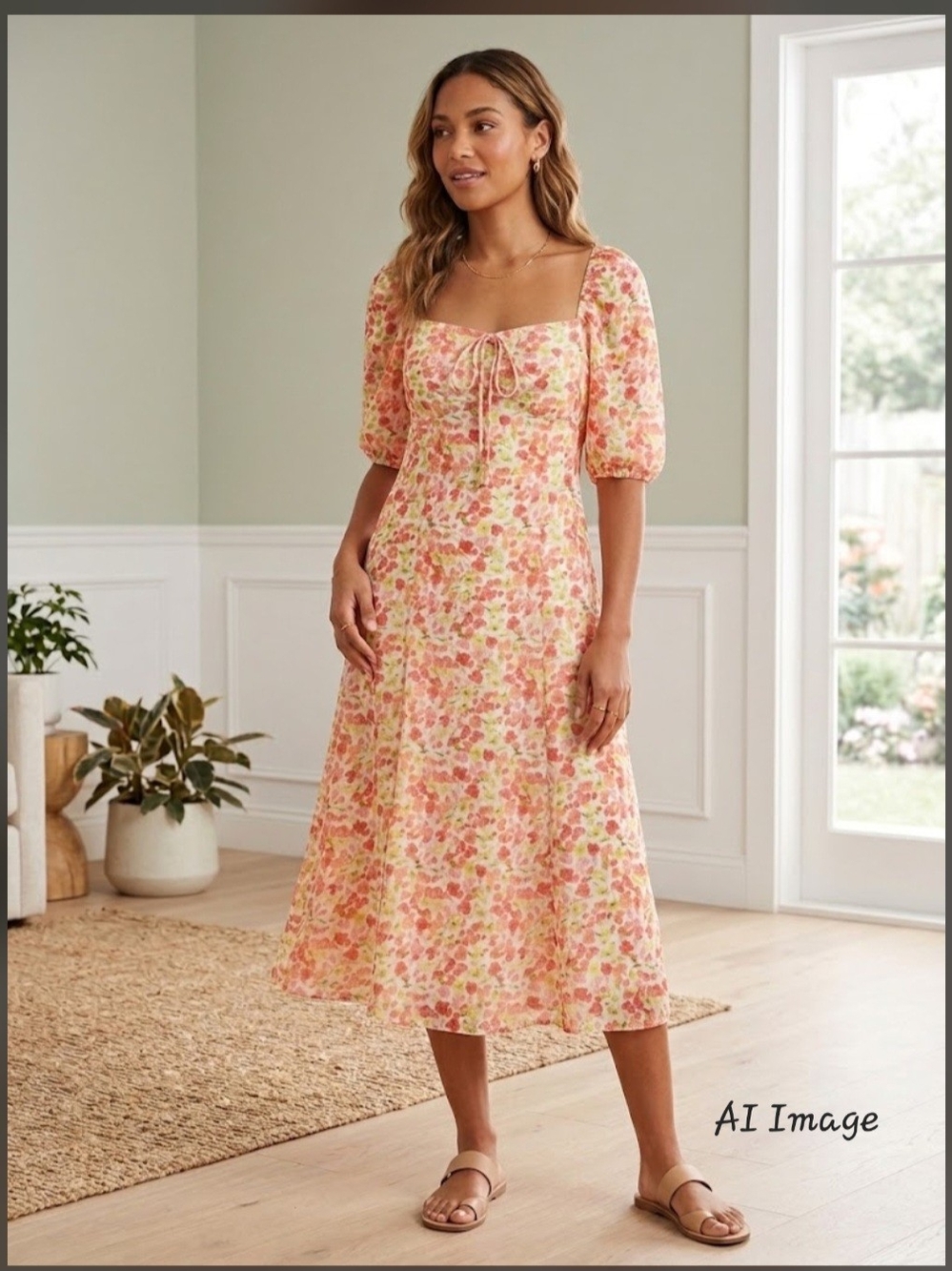 BCBGeneration Peach Pink Floral Puff-Sleeve Midi Dress
